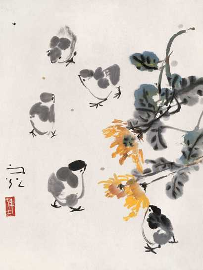 谢之光 菊花小鸡 立轴